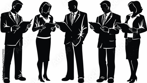 Silhouette illustration of five business people reading documents in formal attire standing together closely