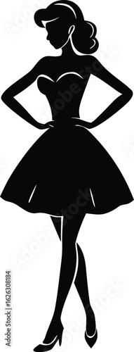 attractive pinup woman in dress with hand on hip silhouette vector.
