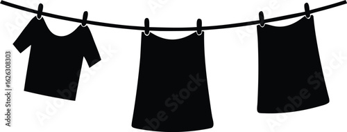  clean clothes drying on a clothesline silhouette vector icon