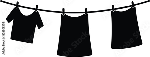 clean clothes drying on a clothesline silhouette vector.