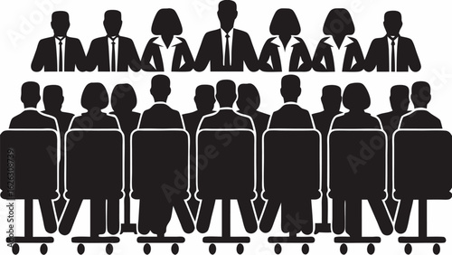 Silhouette illustration of a business meeting with attendees in suits and dresses sitting in chairs