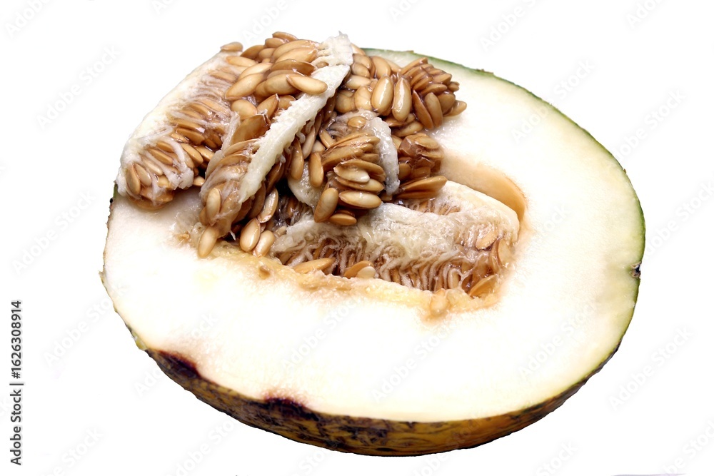 Fototapeta premium ripe juicy melon. melon in a cut with many seeds on top on a white background