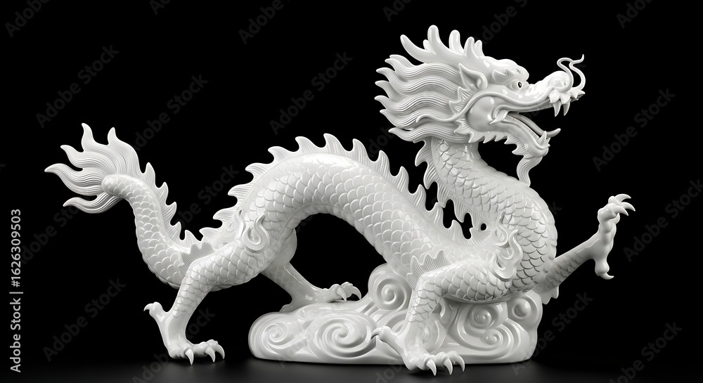 Fototapeta premium White Porcelain Chinese Dragon Sculpture on Black Background – Elegant Mythical Artwork