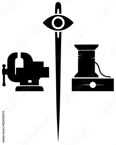 needle in a hand with thread on a table in a sewing machine and a medical kit on fabric in a crafts box with a handle in a workshop on an embroidery hoop in a box