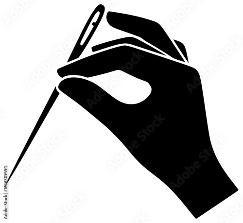 needle in a hand with thread on a table in a sewing machine and a medical kit on fabric in a crafts box with a handle in a workshop on an embroidery hoop in a box