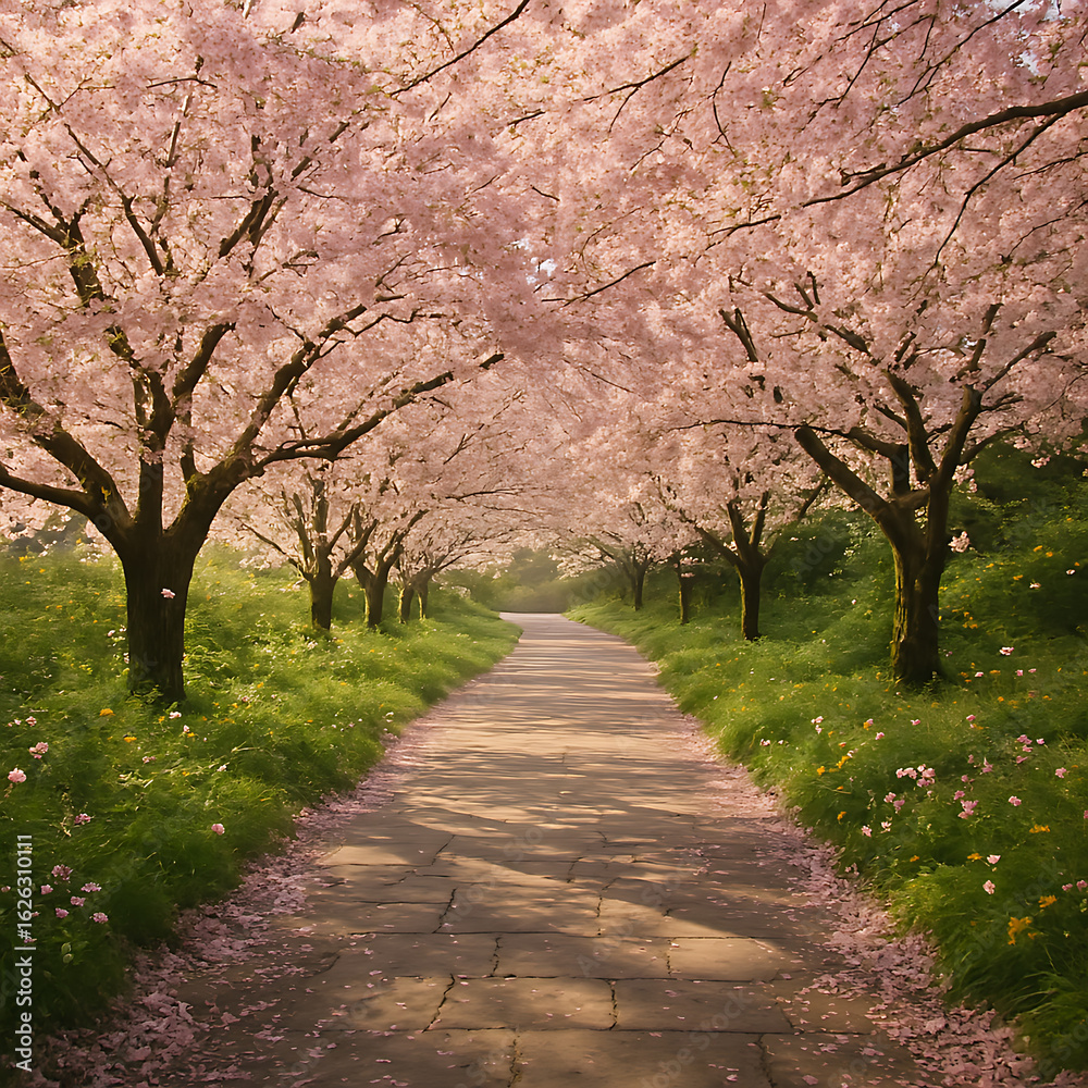 Fototapeta premium Stunning cherry blossom tunnel walk beckons for tranquil spring journey and peaceful exploration