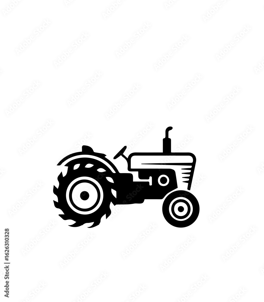 Obraz premium A black and white line art illustration of a vintage tractor with a circular design. The tractor's body is depicted with clean lines, showcasing its round shape and subtle details of the wheels and en