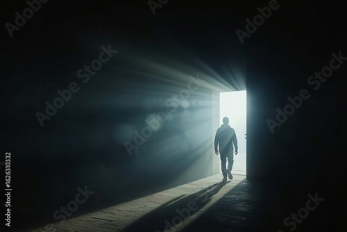 A man standing near an open door through which bright rays of light stream in.