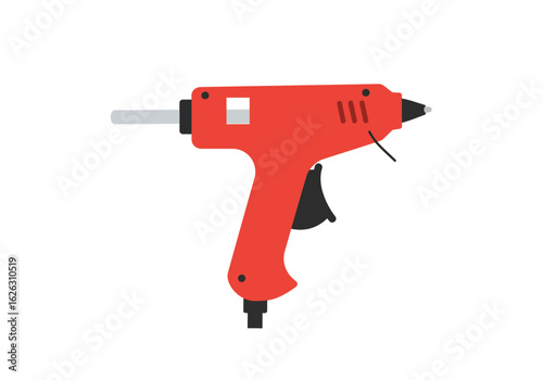 Cartoonish red glue gun with black trigger nozzle  stand gray glue stick on white background