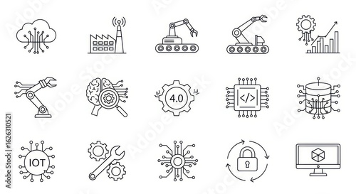 Collection of modern technology icons representing industry innovation automation artificial intelligence and digital transformation concepts