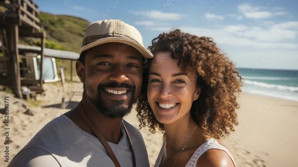 custom made wallpaper toronto digitalA joyful couple is smiling at the camera while standing on a sandy beach. The sun is shining brightly, and the waves are gently crashing in the background, creating a lively atmosphere