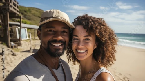 Wallpaper Mural A joyful couple is smiling at the camera while standing on a sandy beach. The sun is shining brightly, and the waves are gently crashing in the background, creating a lively atmosphere Torontodigital.ca
