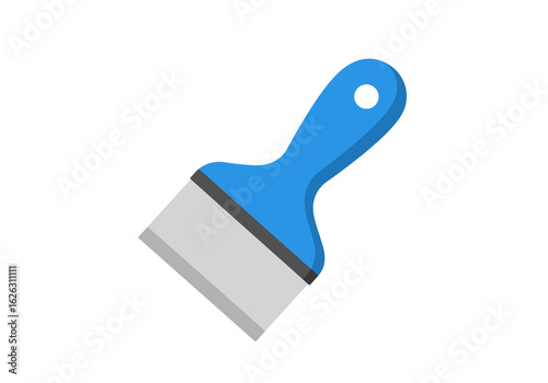 A bluehandled putty knife with a gray blade and a hanging hole