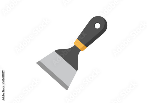 A gray putty knife with a black handle and a yellow band is ready for use