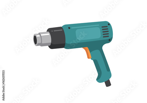 A teal heat gun with orange trigger  grey nozzle is centered on a white background