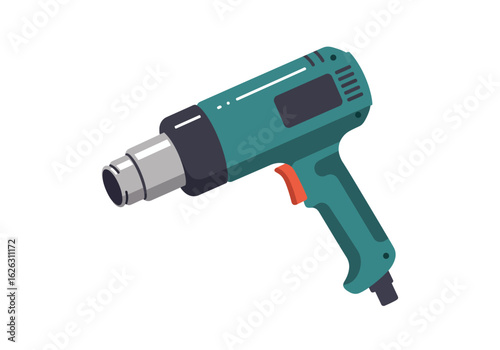 Teal heat gun with orange trigger and silver nozzle on a white background
