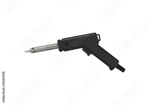 Soldering gun A black handle gray perforated barrel and pointed tip on a white void