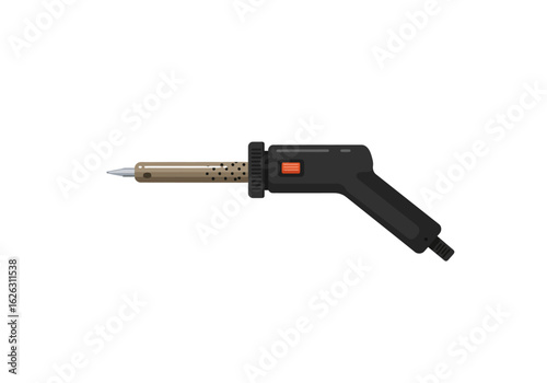 A soldering iron with a black handle ready to join electronics