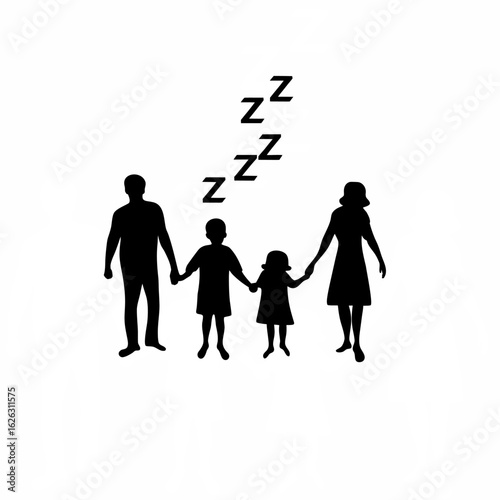 Parents holding hands with sleepy children at night