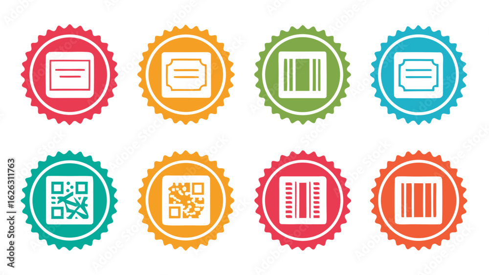 Set of colorful icons representing tickets and barcodes Set of colorful icons representing tickets and barcodes