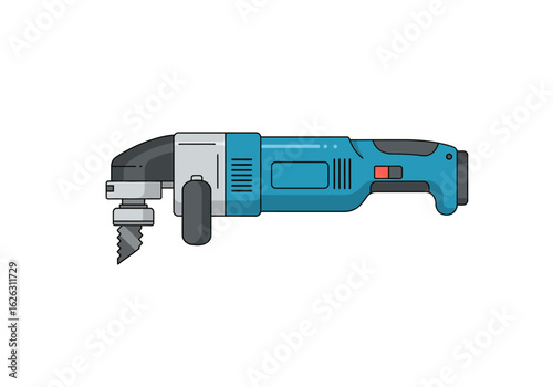 A side view of a blue  gray saw featuring a rotating blade