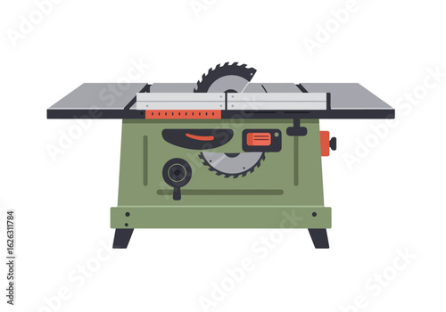 Green table saw with a blade extending upwards from the tables surface