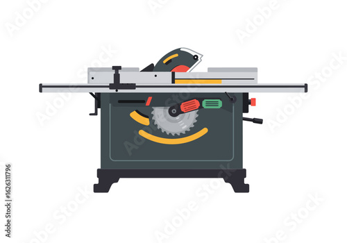 Precise vector art showcases a gray  silver table saw with safety features set against a stark white backdrop