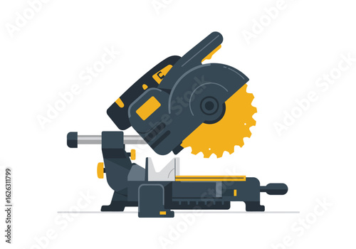 A striking illustration of a gray and yellow miter saw poised for precision cuts in a workshop setting
