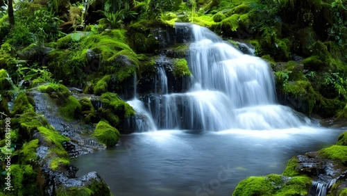 A beautiful, scenic forest landscape with a flowing river and cascading waterfalls