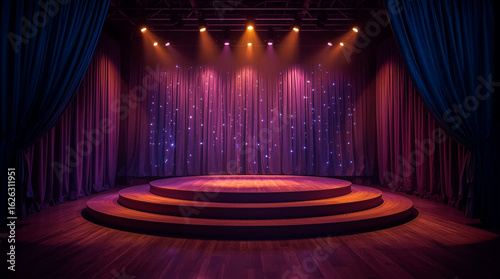 Empty circular stage bathed in dramatic purple and orange spotlights with stage lights illuminating the backdrop curtains
