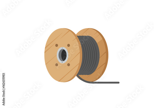 Spool of gray wire with wooden sides and center hole