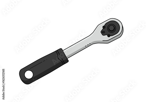 Ratcheting wrench with black handle against white backdrop