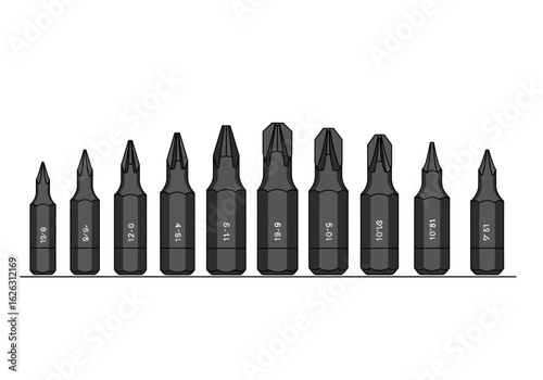 Aligned driver bits depict industrial precision  tool variety