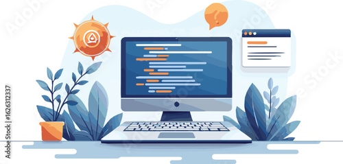 Create a Software development, coding, programming concept. Programming, testing cross platform code, app on laptop, tablet, phone. Education, skill up of programmer. vector art.