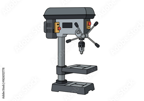 Cartoon drill press machine with a grey color scheme
