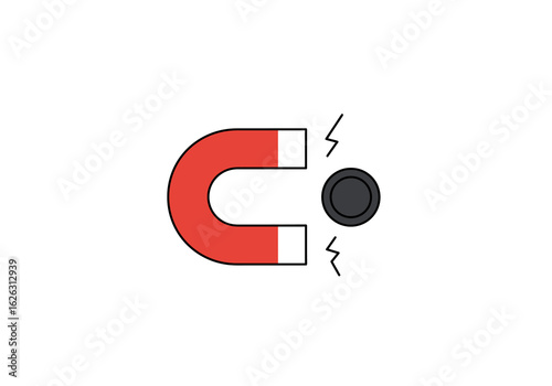 Magnetisms Pull Horseshoe magnet attracting a metal disc energy visualized with lightning bolts