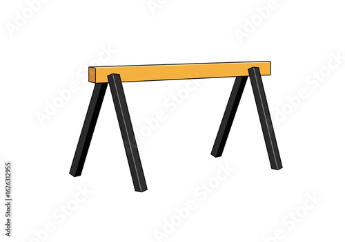 A sawhorse stand Black legs support orange beam standing solid