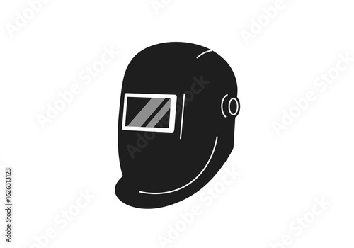 Welders helmet A black protective head covering with a shaded viewport