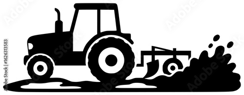 Tractor driving through field with tractor pulling trailer and plowing mud harvesting crops working in farm carrying heavy loads moving rural area driven by farmer crossing bridge parked barn 