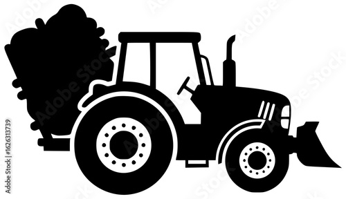 Tractor driving through field with tractor pulling trailer and plowing mud harvesting crops working in farm carrying heavy loads moving rural area driven by farmer crossing bridge parked barn 