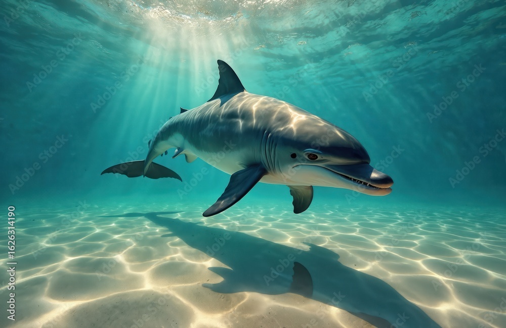 Fototapeta premium Close-up underwater view of dolphin swimming in clear blue ocean water above sandy seabed. Sun rays penetrate water creating shimmering patterns on ocean floor. Dolphin displays powerful fins, sharp