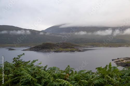 Serene lake surrounded by green hills and misty mountains under a cloudy sky. Lush ferns in the foreground add depth to the peaceful natural scene.
