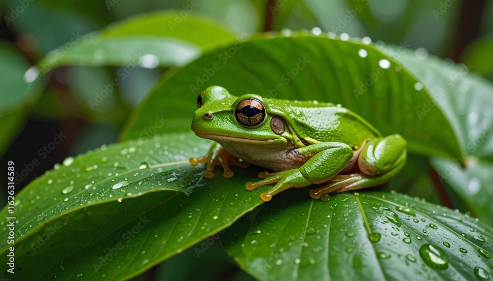 Vibrant frog rests on dew-kissed leaf Vibrant frog rests on dew-kissed leaf