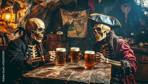 Two skeletal pirates enjoying a drink in a dimly lit cave tavern