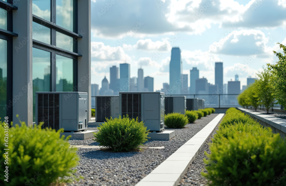 Fototapeta premium Rooftop air conditioning units with plants, set against city skyline backdrop on bright, clear day. Modern HVAC equipment signifies efficient cooling, architectural integration, vital for urban