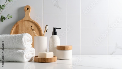 Elegant white bathroom counter with wooden tray and soft white towel, creating a spalike sanctuary