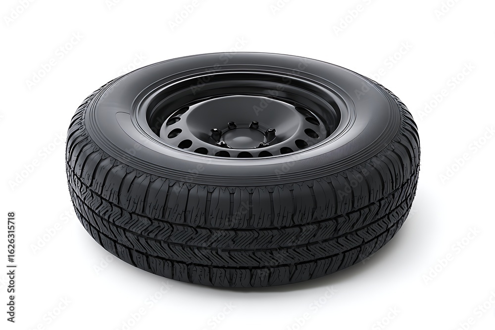 Obraz premium Automotive Black Tire on Wheel, Rubber Tread Pattern Isolated on White Background