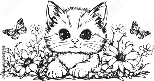 Charming sketch of a fluffy kitten with big eyes surrounded by delicate flowers and butterflies in a whimsical garden scene