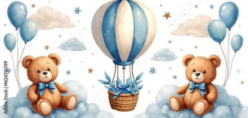 Cute teddy bears with blue bows fly in hot air balloons among clouds, stars. Adorable illustration for baby shower invitations, birthday cards, nursery decor. Whimsical watercolor art evokes joy,