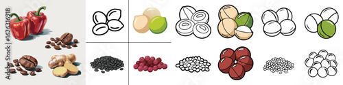 Colorful and Outlined Foodstuffs Peppers, Coffee Beans, Ginger, Chickpeas, Lentils, and Kidney Beans Compilation